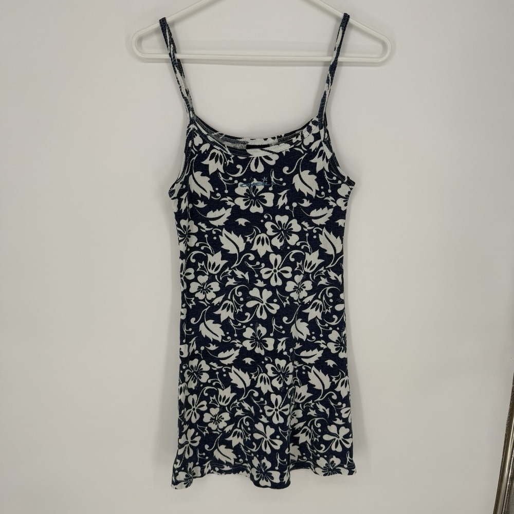 Y2K Oneil Dress SurfStyle Blue/White Hibiscus Floral VTG USA Ribbed L Blue Crush